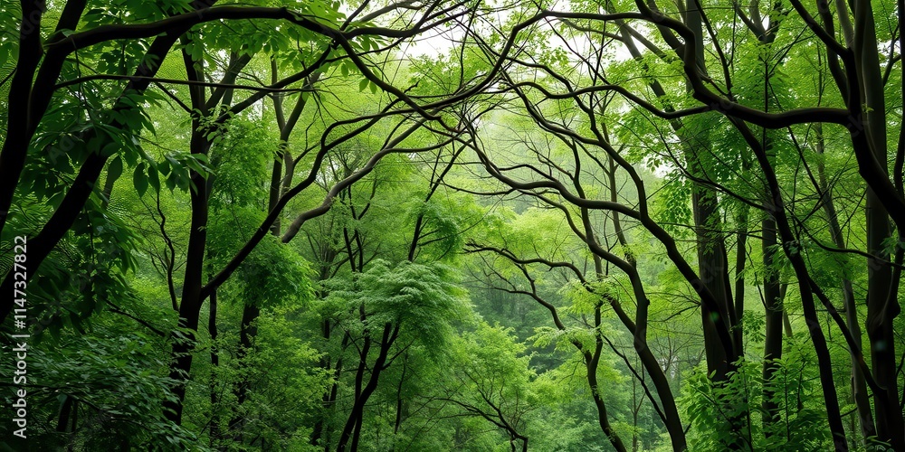 Naklejka premium A natural archway formed by intertwining branches in a dense forest setting, peaceful, forest, environment