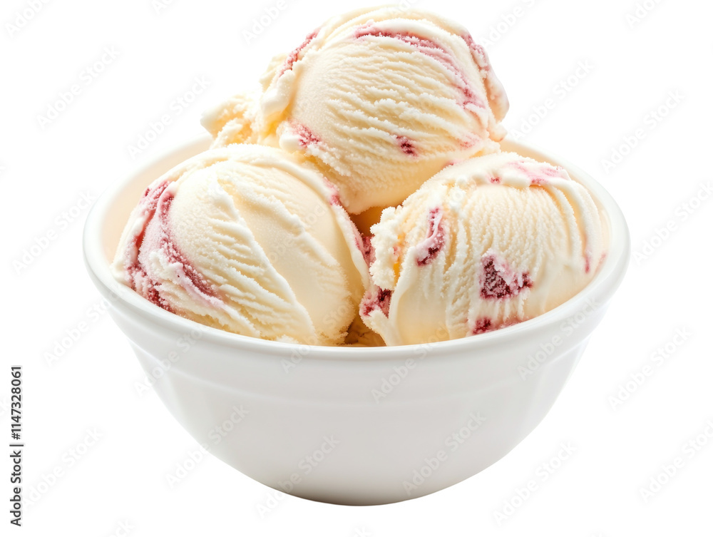 Creamy Ice Cream Scoop in a White Bowl with Swirls of Strawberry Flavor Isolated on a Clean Background Creamy Ice Cream Scoop in a White Bowl with Swirls of Strawberry Flavor Isolated on a Clean Background