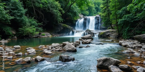 A serene waterfall cascades down rocky cliffs surrounded by lush green vegetation and colorful flowers, tranquil, serene, cascading water