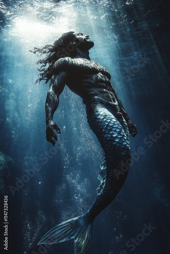 Submerged male figure with long hair and fish tail.