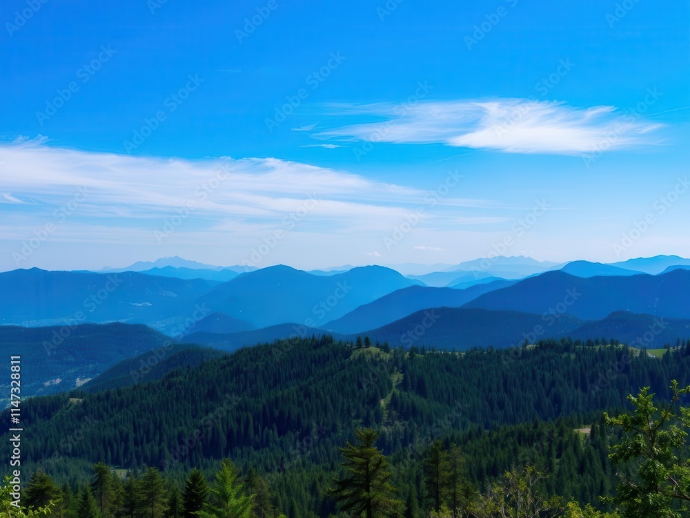 Fototapeta premium A stunning view of vibrant mountains in a natural landscape, featuring lush green trees and a clear blue sky, blue sky, breathtaking, landscape