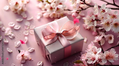 present gift box with tiny pale pink satin ribbon decorated with blooming sakura flowers on pale pink background, birthday, decorative, white, surprise, beautiful, weddi photo