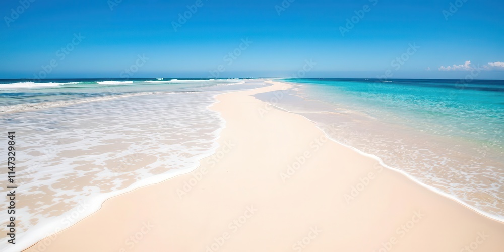 Obraz premium A serene ocean view with crystal clear waters, sandy beach, and lush greenery, sandy beach, ocean, idyllic