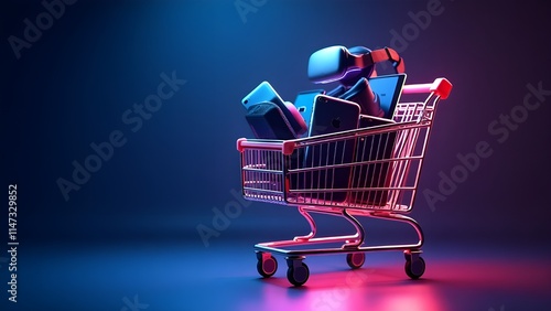 A shopping cart with tech gadgets under glowing neon lights