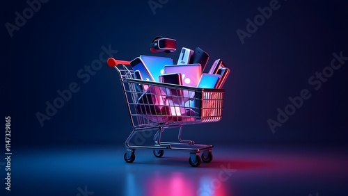 A shopping cart with tech gadgets under glowing neon lights