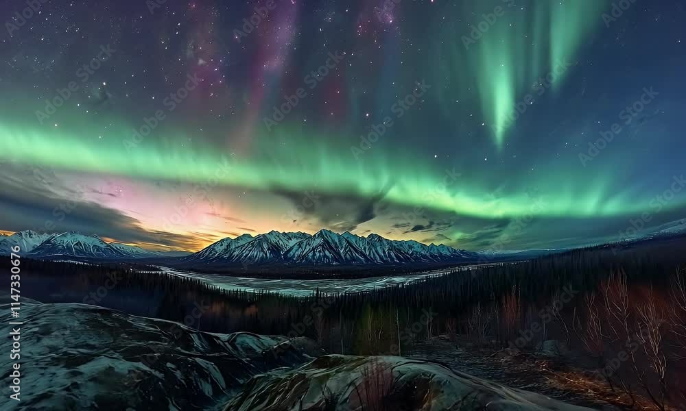 A stunning view of the northern lights illuminating a mountainous landscape at night. A stunning view of the northern lights illuminating a mountainous landscape at night.