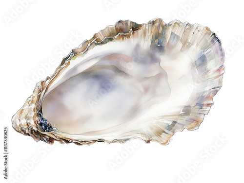 Realistic Watercolor Painting of Open Oyster Highlighting Textures and Natural Colors