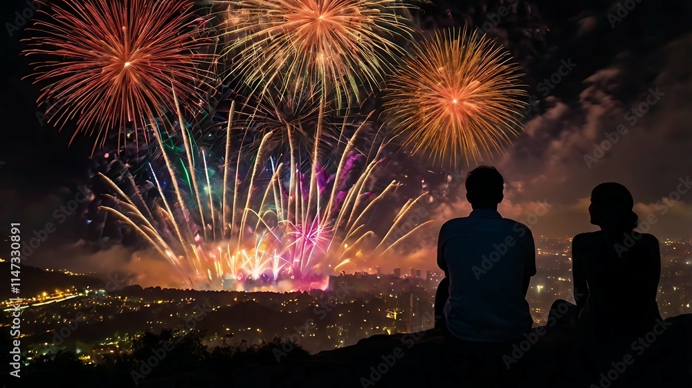 happy family Watching a sparkler fireworks illuminate the night sky, celebrating the New Year's eve, banner Background. happy family Watching a sparkler fireworks illuminate the night sky, celebrating the New Year's eve, banner Background.