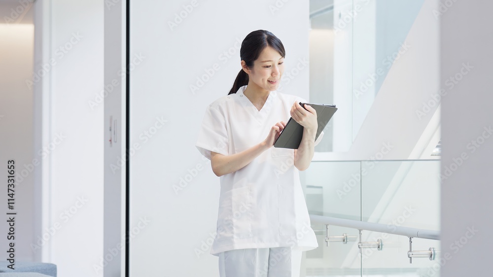 笑顔でタブレットを操作する看護師 笑顔でタブレットを操作する看護師