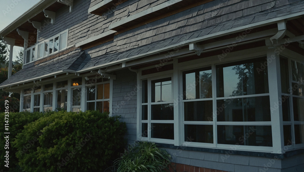 Exterior view of a grey, shingled house. The house features multiple windows, including a large bay window, and landscaping is visible in the foreground. Exterior view of a grey, shingled house. The house features multiple windows, including a large bay window, and landscaping is visible in the foreground.