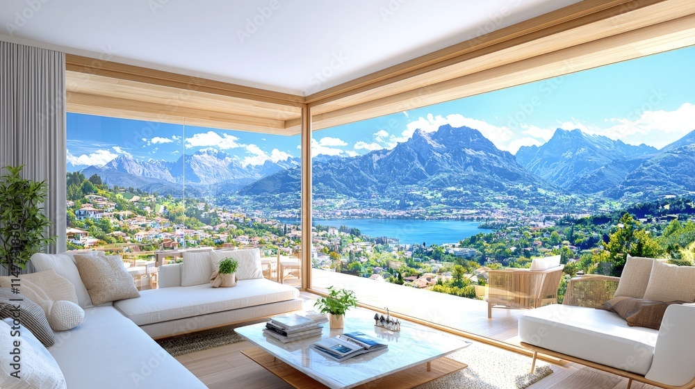 Fototapeta premium Modern luxury living room interior with white sofas and glass walls overlooking a scenic mountain lake landscape.