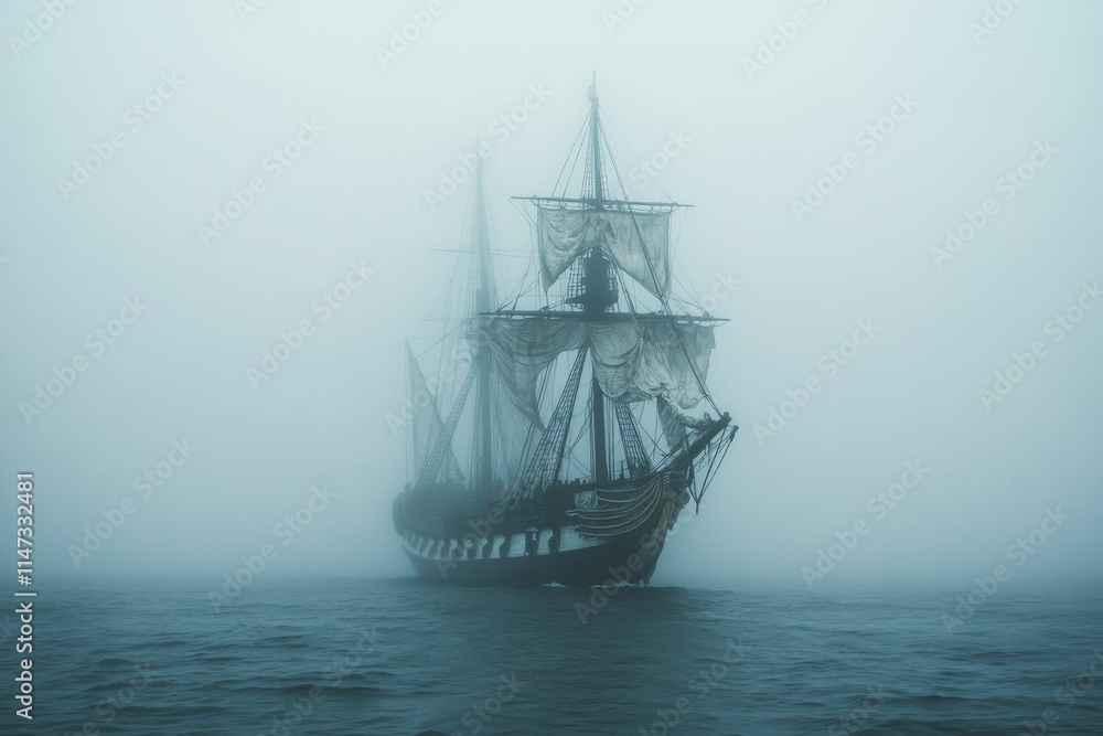 Sailing ship, foggy sea, mysterious journey. Sailing ship, foggy sea, mysterious journey.