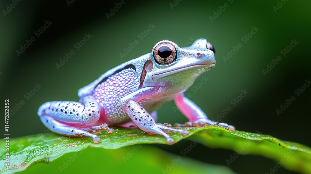 Fototapeta premium Vibrant blue and pink frog on a green leaf.