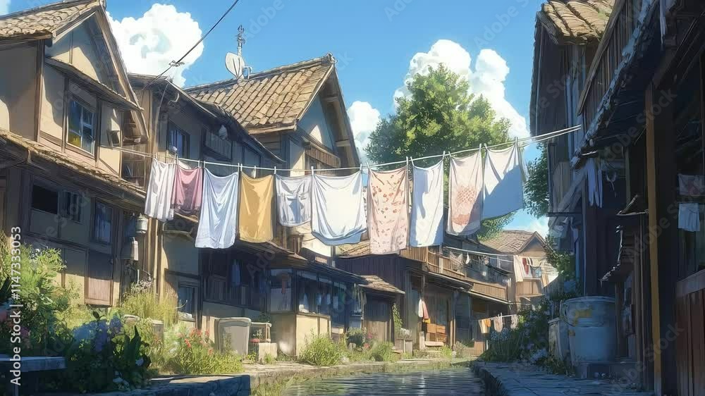 A Rustic Charm, A Clothesline, Hung with Colorful Garments, Dries in the Sunlight Against a Traditional House, with the theme of natural beauty. anime video stock. A Rustic Charm, A Clothesline, Hung with Colorful Garments, Dries in the Sunlight Against a Traditional House, with the theme of natural beauty. anime video stock.