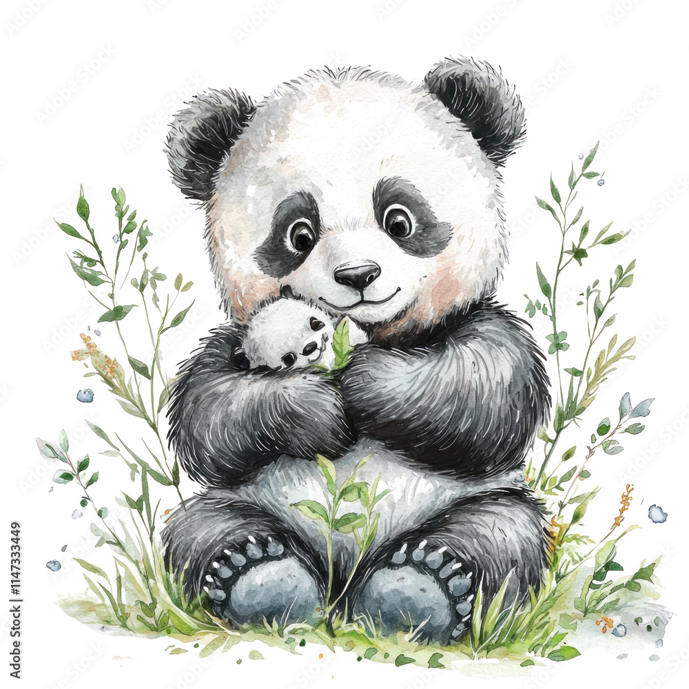 Obraz premium Adorable Giant Panda Holding Its Baby in a Lush Green Setting Illustration