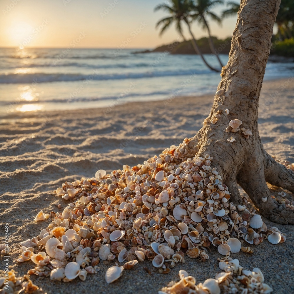 A tree crafted from tiny seashells, with a beach background at sunrise. A tree crafted from tiny seashells, with a beach background at sunrise.