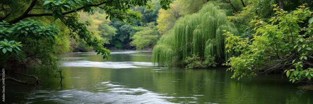 A serene river flowing through a lush green forest, escape, foliage, tranquil A serene river flowing through a lush green forest, escape, foliage, tranquil