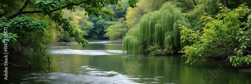 A serene river flowing through a lush green forest, escape, foliage, tranquil