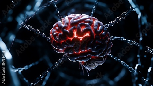 Glowing Human Brain Encaged in Chains, 3D Render on Dark Background AI Generated photo