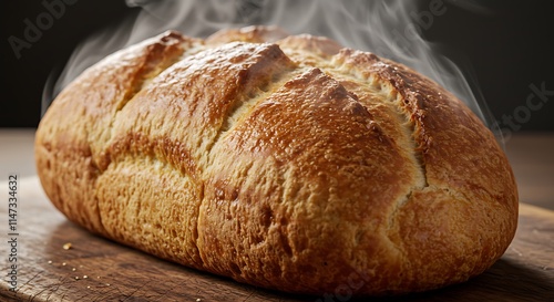 Steaming loaf of freshly baked bread with a golden crust on a wooden board
 photo