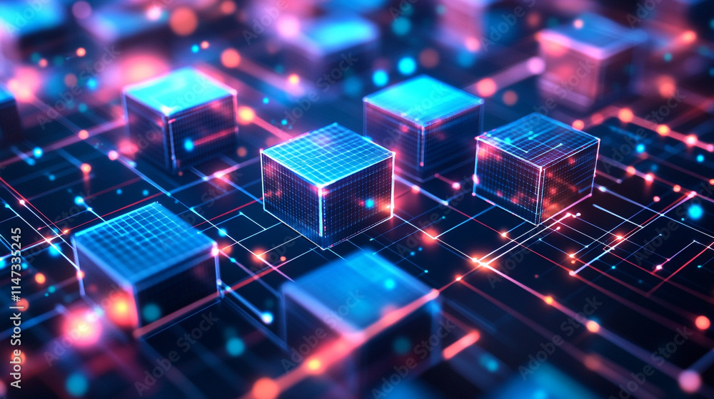Digital cubes illuminated in vibrant colors on a futuristic grid landscape. Digital cubes illuminated in vibrant colors on a futuristic grid landscape.