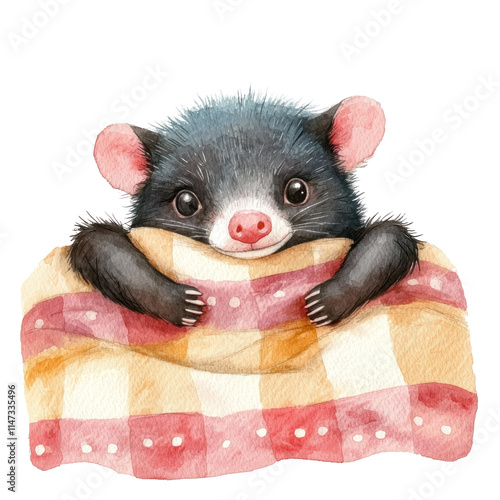 Cute Illustration of a Tasmanian Devil Snuggled in a Cozy Blanket with a Charming Expression photo