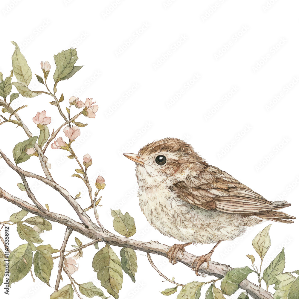 Charming Wren Bird Illustration Surrounded by Delicate Blooming Branches in Soft Colors Charming Wren Bird Illustration Surrounded by Delicate Blooming Branches in Soft Colors
