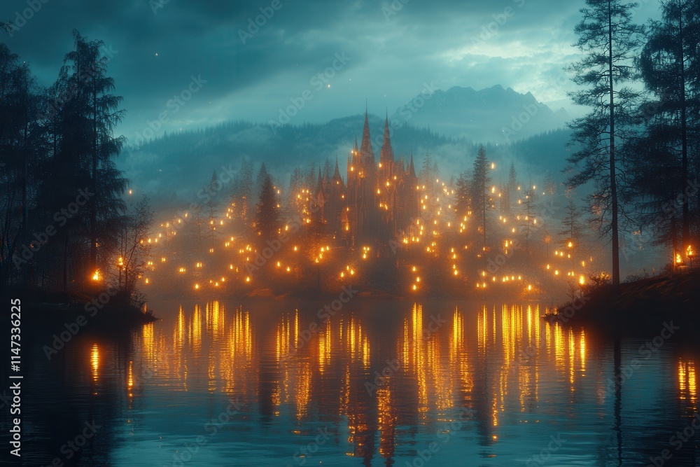 Fototapeta premium A serene lakeside view of a glowing castle surrounded by trees and mountains at dusk.