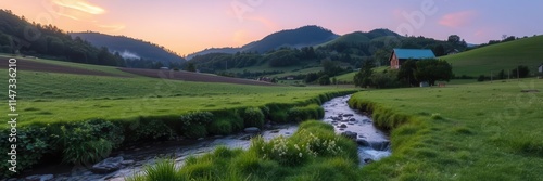 Serene landscape with rolling hills, a winding stream, and a vibrant sunset in the countryside, beauty, stream, tranquil