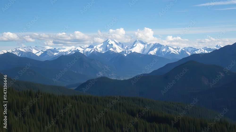 Panoramic view of majestic snow-capped mountains surrounded by lush green forests under a clear blue sky, snow-capped, scenery, nature Panoramic view of majestic snow-capped mountains surrounded by lush green forests under a clear blue sky, snow-capped, scenery, nature