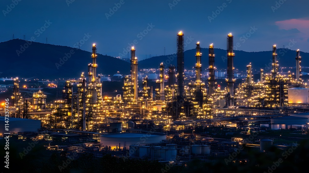 Fototapeta premium A city skyline at night with many tall buildings and a large number of oil refineries. The lights from the refineries are lit up, creating a warm and inviting atmosphere
