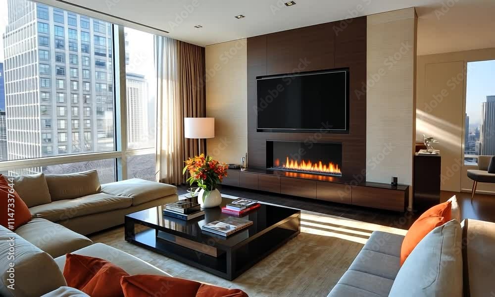 A modern living room with a cozy sofa, coffee table, and a fireplace, featuring large windows. A modern living room with a cozy sofa, coffee table, and a fireplace, featuring large windows.