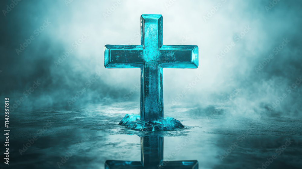 A vibrant metallic blue cross with a polished surface, placed on a smooth crystalline base. Illuminated with subtle neon reflections and surrounded by faint ethereal mists. Crisp white background ensu A vibrant metallic blue cross with a polished surface, placed on a smooth crystalline base. Illuminated with subtle neon reflections and surrounded by faint ethereal mists. Crisp white background ensu