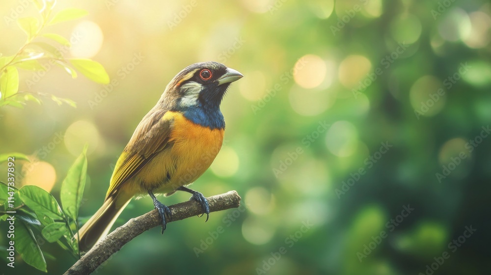 Colorful bird perched on branch, sunlight bokeh background. Colorful bird perched on branch, sunlight bokeh background.