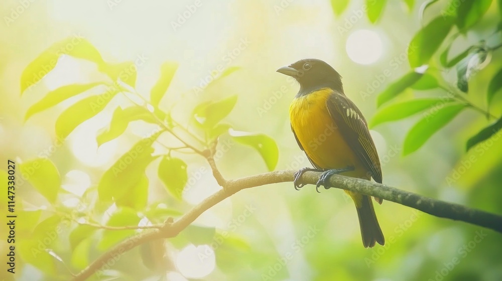 Fototapeta premium Yellow and black bird perched on a branch in sunlight.