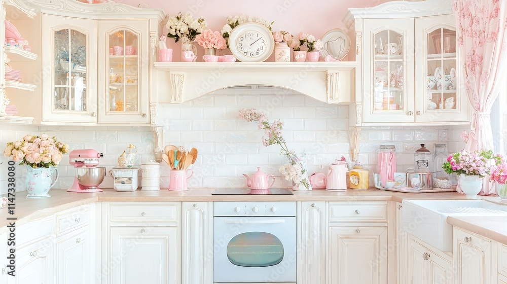 Fototapeta premium Pastel pink and white kitchen with floral decor.
