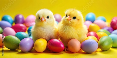 Two cute easter chicks surrounded by colorful painted eggs on a yellow background, easter, chicks, yellow, background