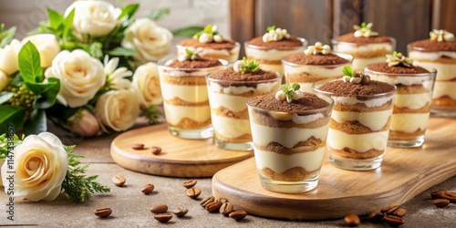 Tiramisu desserts on a first communion celebration table with abundant decoration, vertical , first communion, desserts