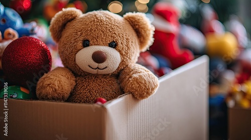 Close-up of a cardboard box filled with toys that can be donated, symbolizing generosity and the spirit of giving during the holiday season, focusing on charitable efforts and community support.