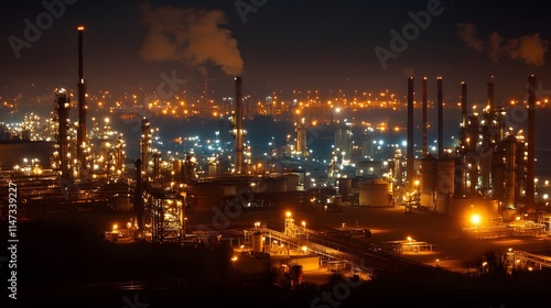 A city at night with many factories and a lot of lights. The lights are on and the sky is dark