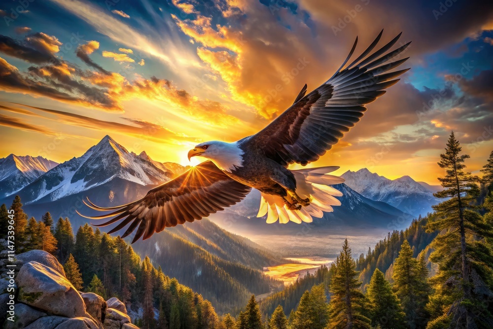 Obraz premium A digital nature photography masterpiece: a Rocky Mountain bald eagle soaring at sunset.