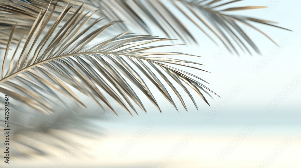 Fototapeta premium Silver palm leaves against a blurred beach background.