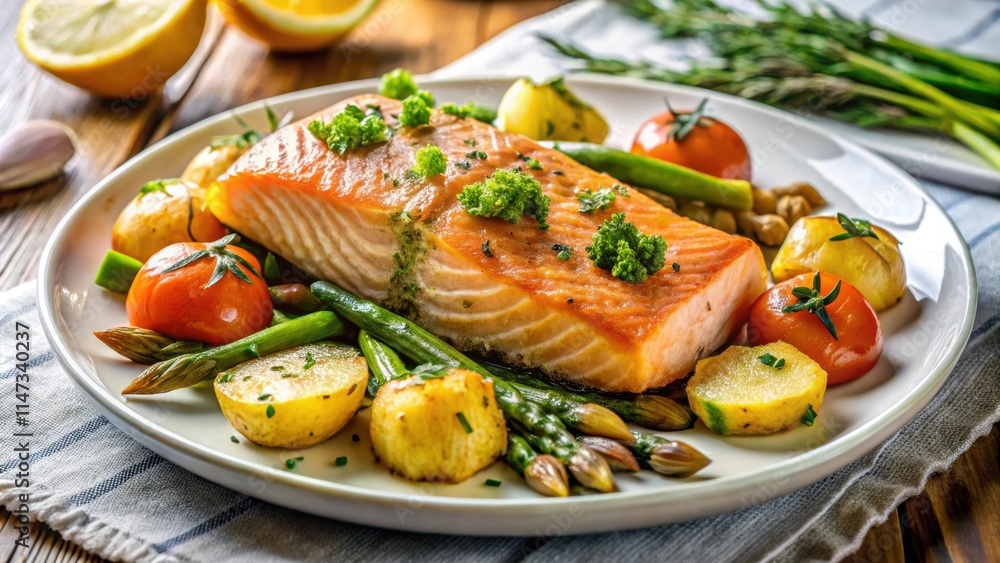 Seared salmon with herb garnish, roasted potatoes, asparagus, and carrots on a white plate, salmon, herb Seared salmon with herb garnish, roasted potatoes, asparagus, and carrots on a white plate, salmon, herb