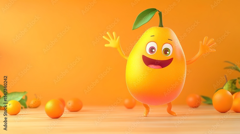 Cheerful Cartoon pear Character Smiling and Waving on a Wooden Surface, Surrounded by Oranges and Leaves with a Vibrant Orange Gradient Background.