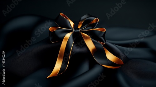 Black and Gold Ribbon on Smooth Fabric Texture Close-up AI Generated