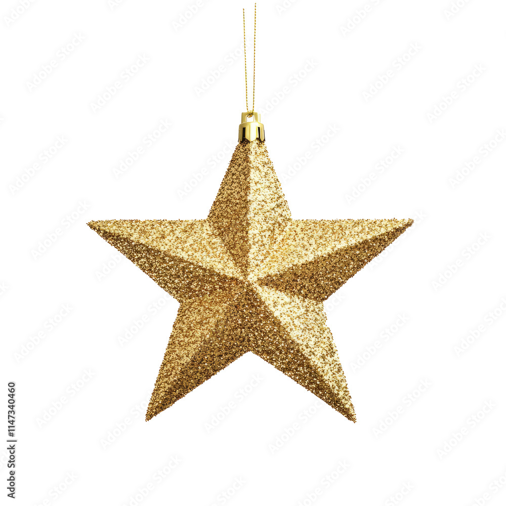 Christmas gold glitter star hanging isolated on white background, transparent background Christmas gold glitter star hanging isolated on white background, transparent background