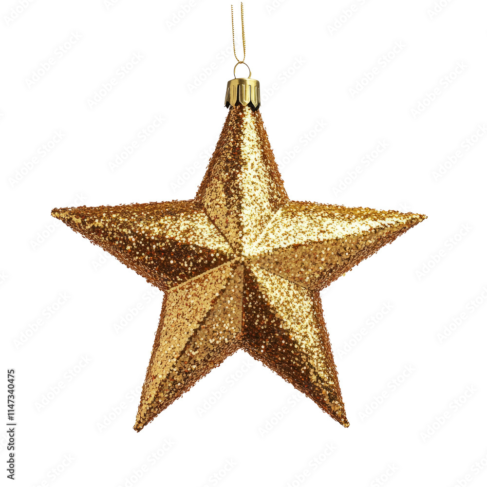 Christmas gold glitter star hanging isolated on white background, transparent background Christmas gold glitter star hanging isolated on white background, transparent background