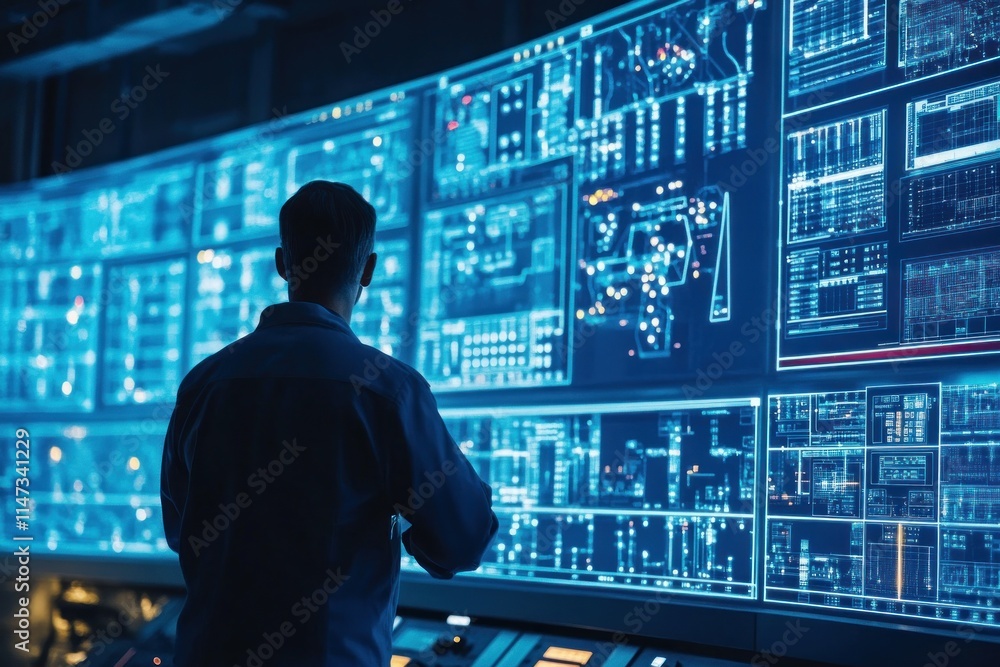 A technician inspecting a hydroelectric control room filled with digital screens displaying real-time data. The scene captures the high-tech environment where energy management occurs, highlighting A technician inspecting a hydroelectric control room filled with digital screens displaying real-time data. The scene captures the high-tech environment where energy management occurs, highlighting