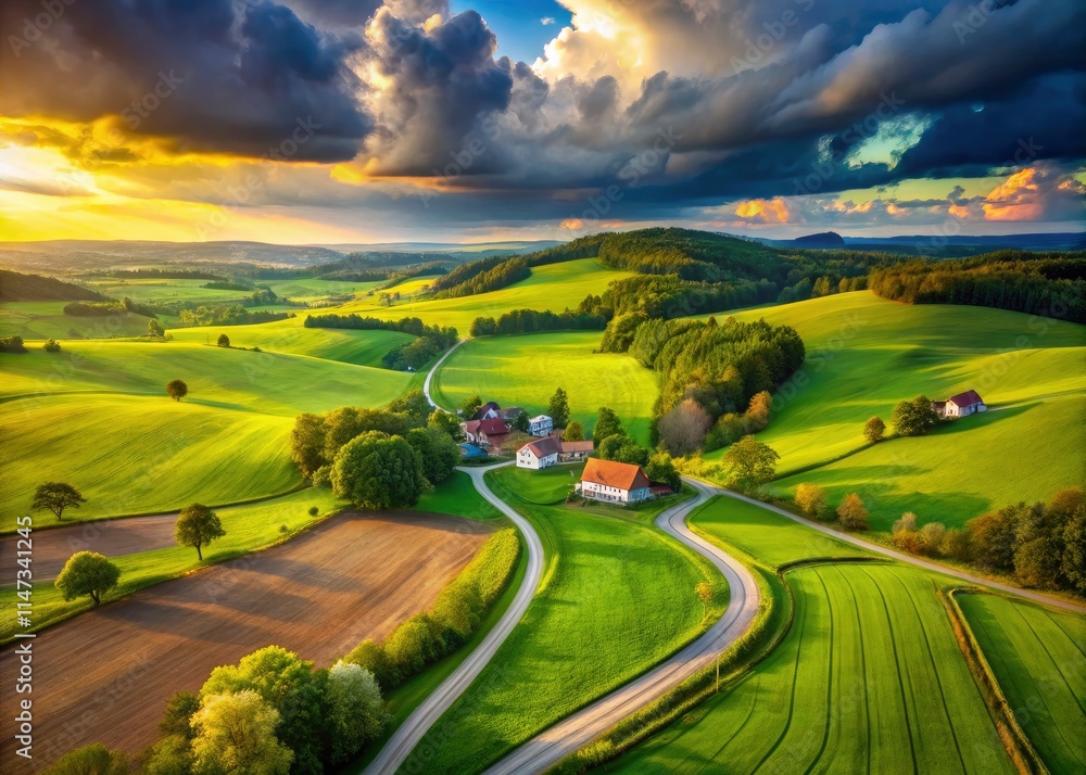 Obraz premium Cloudy skies arch over a peaceful rural scene; a dirt road snakes through rolling hills dotted with quaint farmhouses.