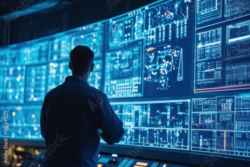 A technician inspecting a hydroelectric control room filled with digital screens displaying real-time data. The scene captures the high-tech environment where energy management occurs, highlighting photo